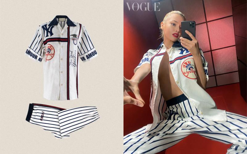 Stella Maxwell / Gucci NY Baseball Shirt and Trousers - 6 April, Los Angeles