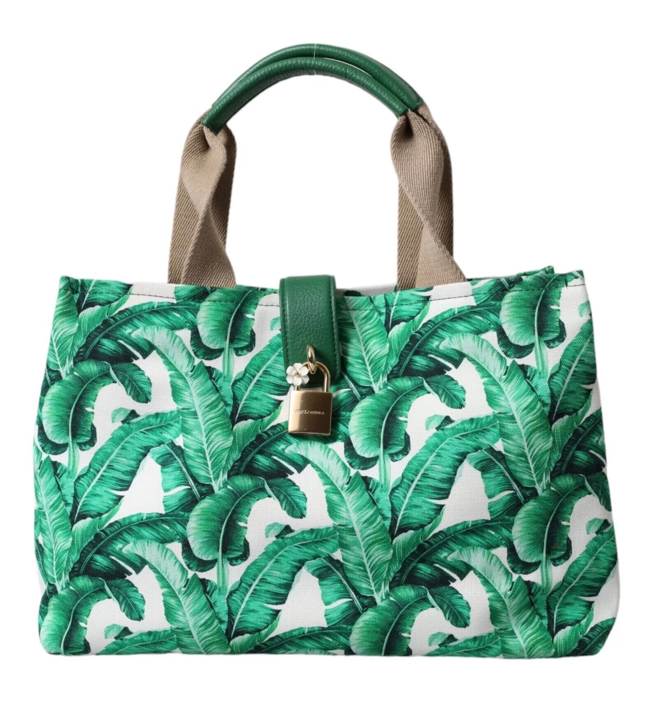 Dolce & Gabbana Green Leaf Print Tote Bag White/green cotton