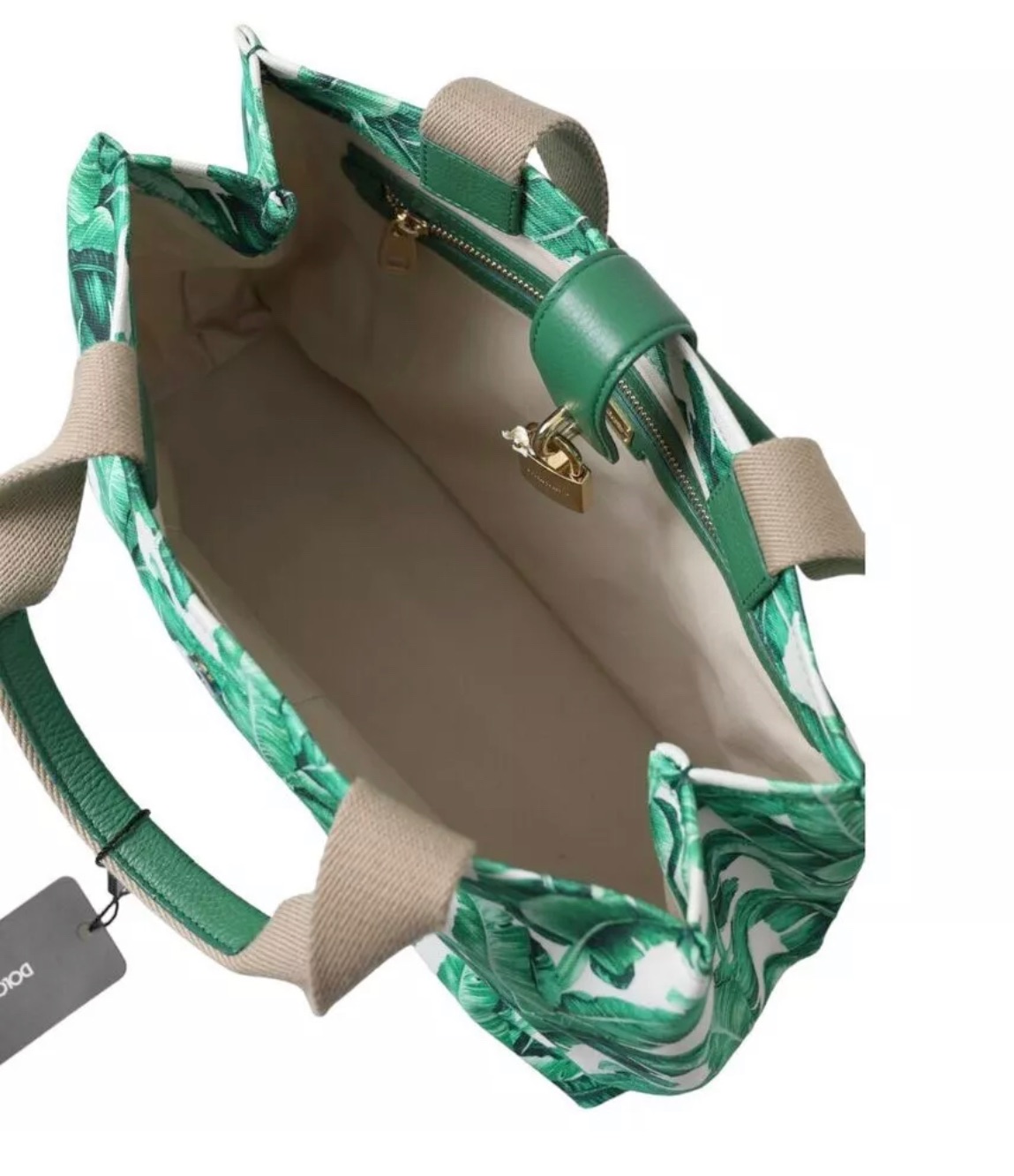 Dolce & Gabbana Green Leaf Print Tote Bag White/green cotton 4