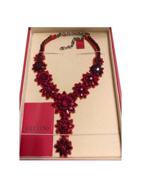 Valentino red crystal floral and red satin bib necklace