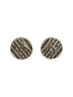 Chanel Round CC Black & Chain Stripe Earrings