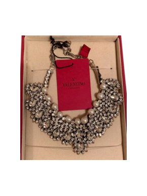 Valentino Crystal & Faux Pearl Bib Necklace