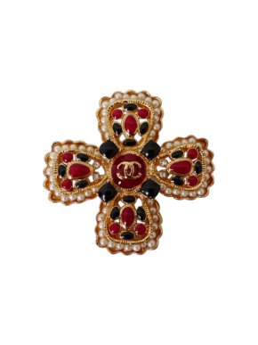 Chanel Gripoix 5.5cms enamel and faux pearl cross brooch