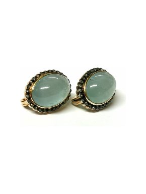 Bespoke Russian aquamarine cabochon and moonstone diamond earrings