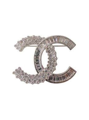 Chanel Silver Tone Baguette & Round Crystal CC Pin Brooch