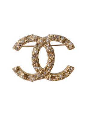 Chanel Gold Tone Pearl & Crystal CC Pin Brooch
