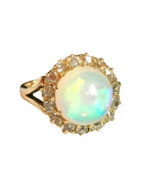 Bespoke Victorian natural 3.7ct cabochon Opal and diamond ring.