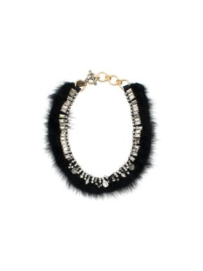 Venna Black Faux Fur Trim Crystal Necklace