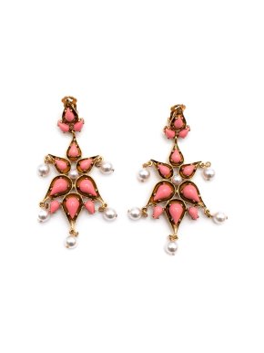 Oscar De La Renta Gold Tone Faux Pearl & Enamel Drop Clip-On Earrings