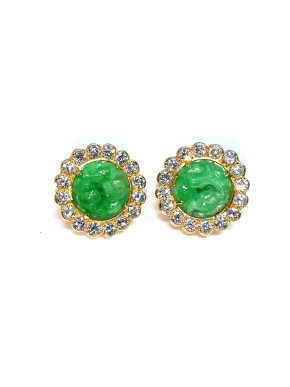 Bespoke Hand Carved Jade Diamond Set 18ct Yellow Gold Earrings