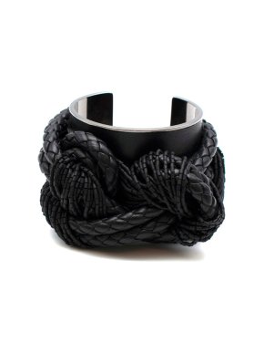Tom Ford Black Braided Leather Silver Tone Metal Beaded Cuff