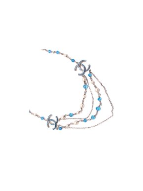 Chanel Blue Beaded Faux Pearl Crystals CC Necklace