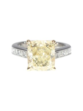 Bespoke Yellow Cushion Cut 4.55ct Very Fine Diamond Platinum Ring
