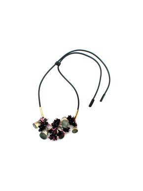 Marni Purple & Green Crystal Flower Leather Drawstring Necklace