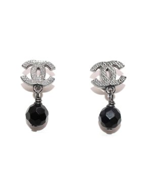 Chanel Silver Tone & Black CC Beaded Drop Earrings