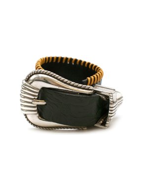 Toga Black Floral Embossed Leather Buckle Bracelet