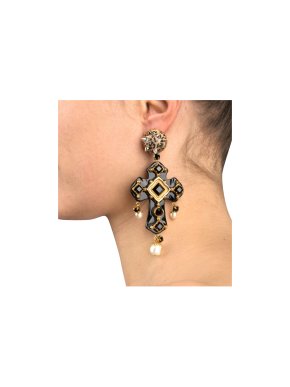 Dolce & Gabbana Black Studded Leopard Cross Drop Earrings