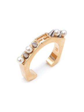 Fendi Gold & Palladium Spiked Faux Pearl Baguette Ring - Size M