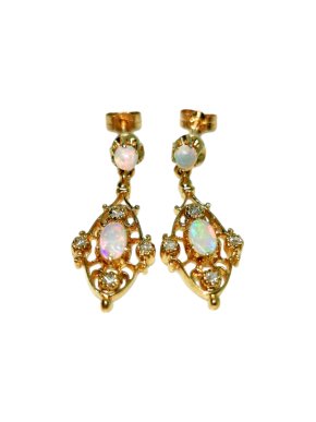 Bespoke Yellow Gold Filigree Diamond & Opal Drop Earrings