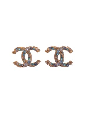 Chanel Gold Tone Blue Crystal CC Earrings