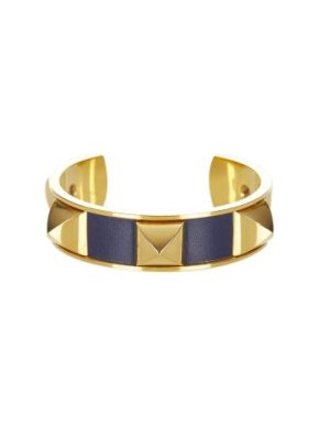 Hermes Navy Leather & Gold Plated Medor Stud Bracelet