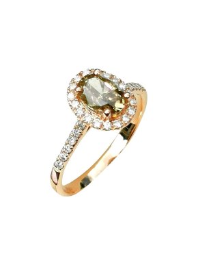 Bespoke yellow/green fancy oval diamond and rose gold ring 8x5mm