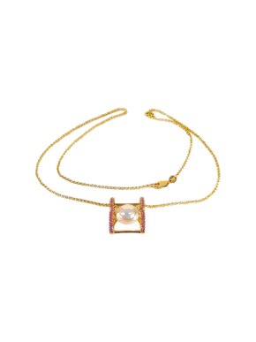 Bespoke Pearl & Pink Sapphire Yellow Gold Pendant Necklace