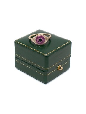 Bespoke Yellow Gold, White Diamond & Pink Sapphire Evil Eye Ring 7