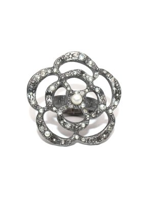 Chanel Ruthenium Tone Camellia Faux Pearl & Crystal Ring