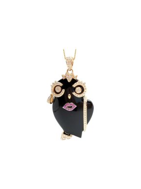 Madame Owl Diamond Set 18ct Gold Onyx Pendant Necklace