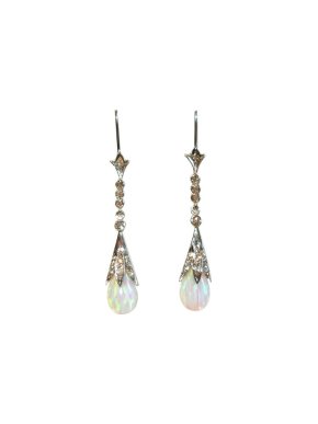 18ct White Gold Diamond & Opal Drop Earrings