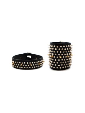 Dior black leather faux pearl and gold-tone studded cuff and choker