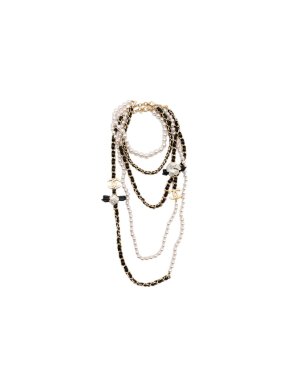 Chanel Camellia Applique 5 Strand Faux Pearl Chain Necklace