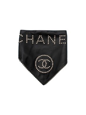 Chanel Black Leather Faux Pearl Studded Bandana
