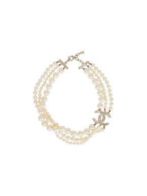 Chanel Faux Pearl Crystal Embellished CC 3-Strand Necklace