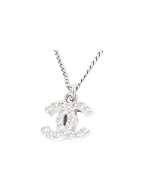 Chanel silver-tone metal & crystal CC pendant necklace