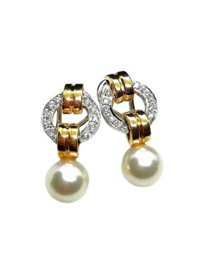18ct Yellow Gold Diamond & Pearl Doorknocker Earrings