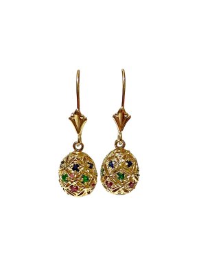 Ruby, Sapphire & Emerald Filigree Gold Egg Earrings