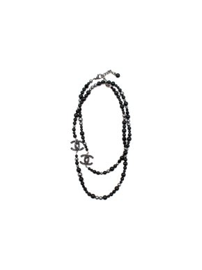 Chanel Camellia CC Gun Metal Beaded Station Necklace