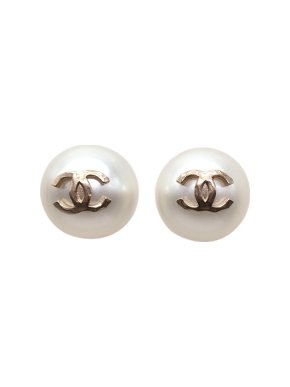 Chanel Faux Pearl Gold Tone CC Stud Earrings