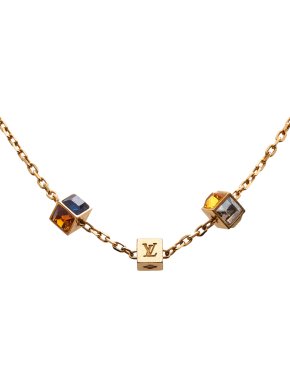 Louis Vuitton Gold Tone Crystal Gamble Cube Necklace