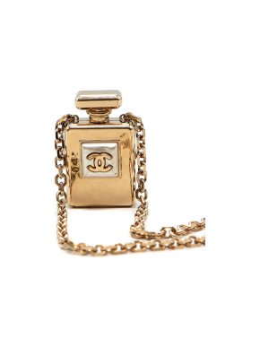 Chanel Metal & Faux Pearl Perfume Bottle Locket Necklace