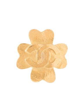 Chanel CC Clover Gold Tone Brooch