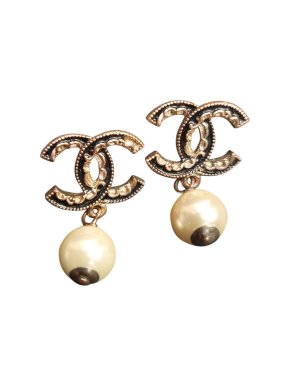 Chanel Gold Tone CC Faux Pearl Drop Earrings