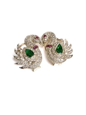 Diamond, Ruby & Emerald Swan Earrings