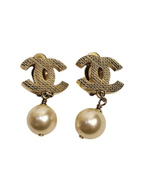 Chanel Gold Tone CC Faux Pearl Drop Earrings