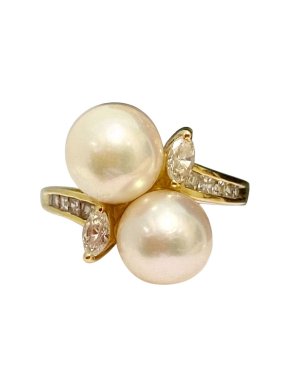 18ct Yellow Gold Diamond & Pearl Cocktail Ring - Size M 1/2