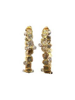 Rough Blue Diamond & Brilliant Cut White Diamond 18ct Yellow Gold Earrings