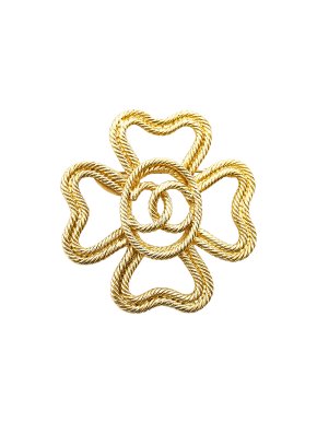 Chanel CC Clover Gold Tone Brooch