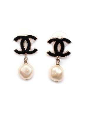 Chanel Black CC Pearl Drop Earrings